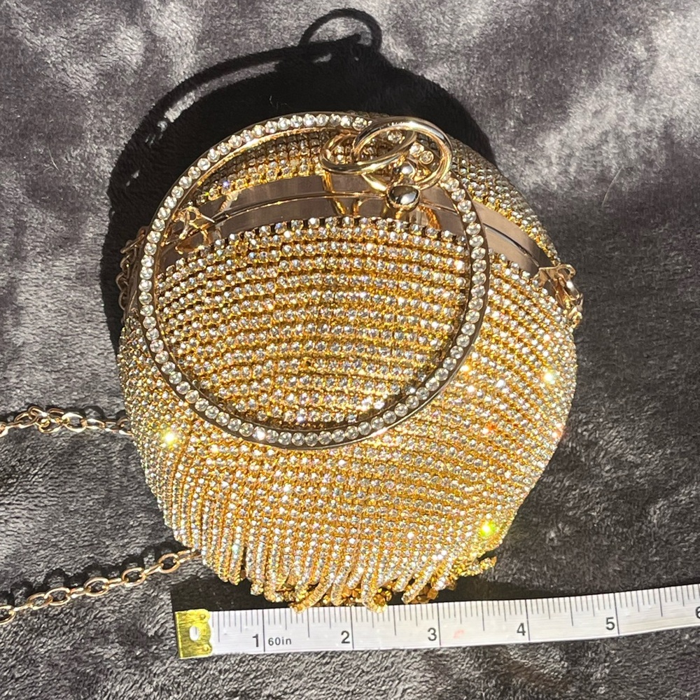 Rhinestone gold ball evening purse with tassels & ring handle. Holiday party. - Picture 9 of 9